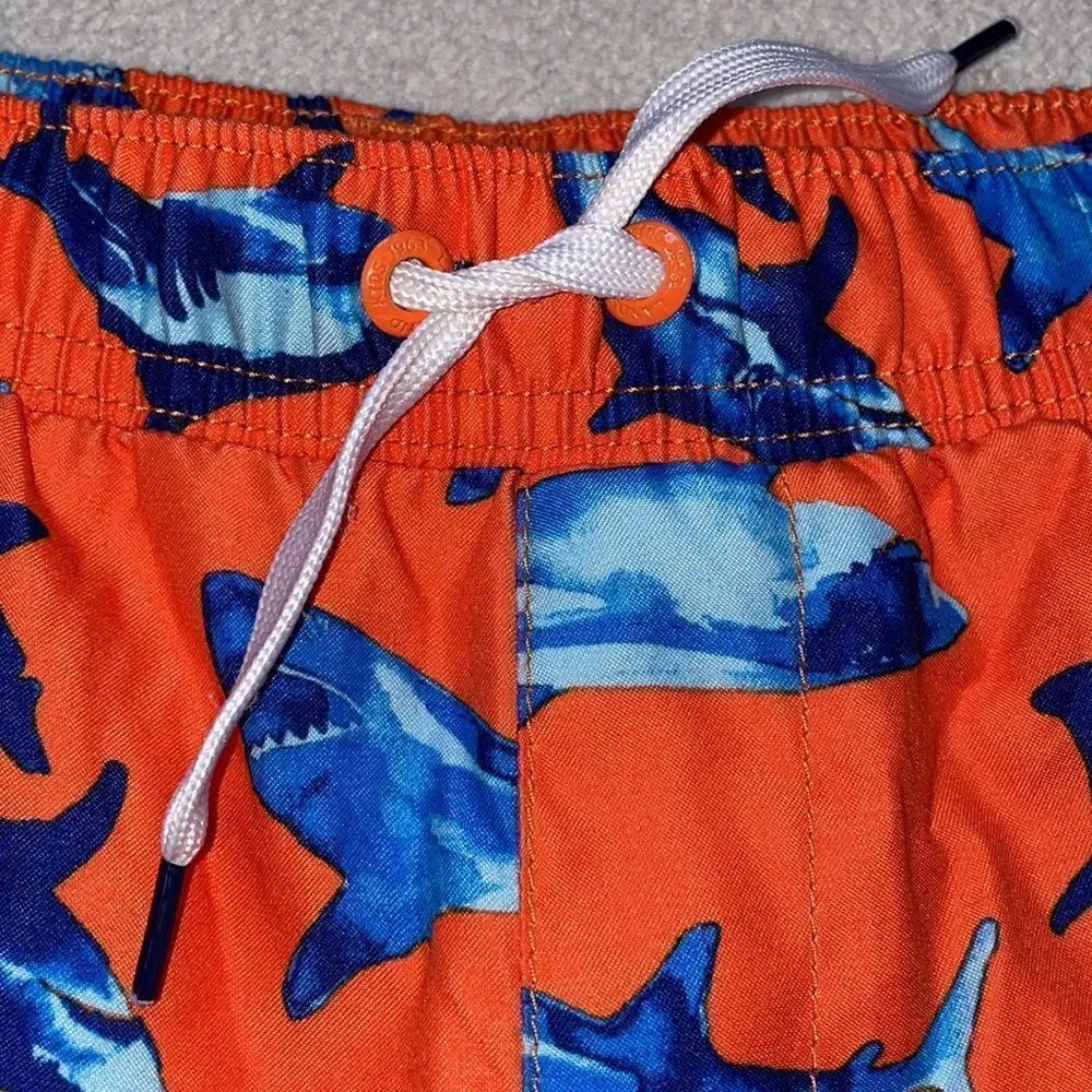 Lands’ End Boys Orange Swim Trunks w/Blue Dolphins & Elastic Waist (Size: Boys M
